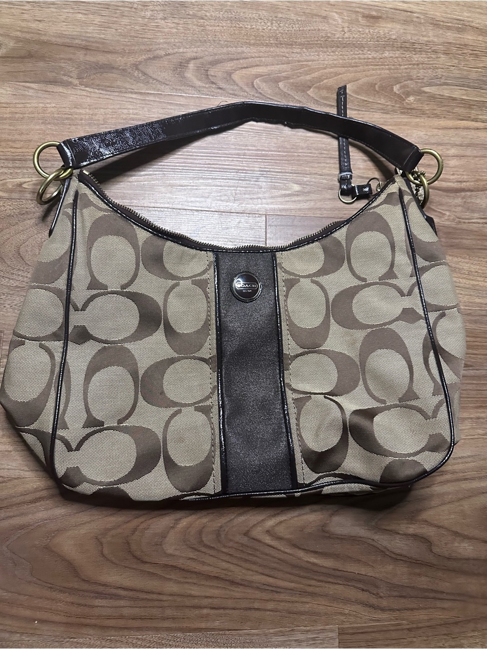Coach Brown Signature Jacquard Shoulder Bag with Dark Leather Trim